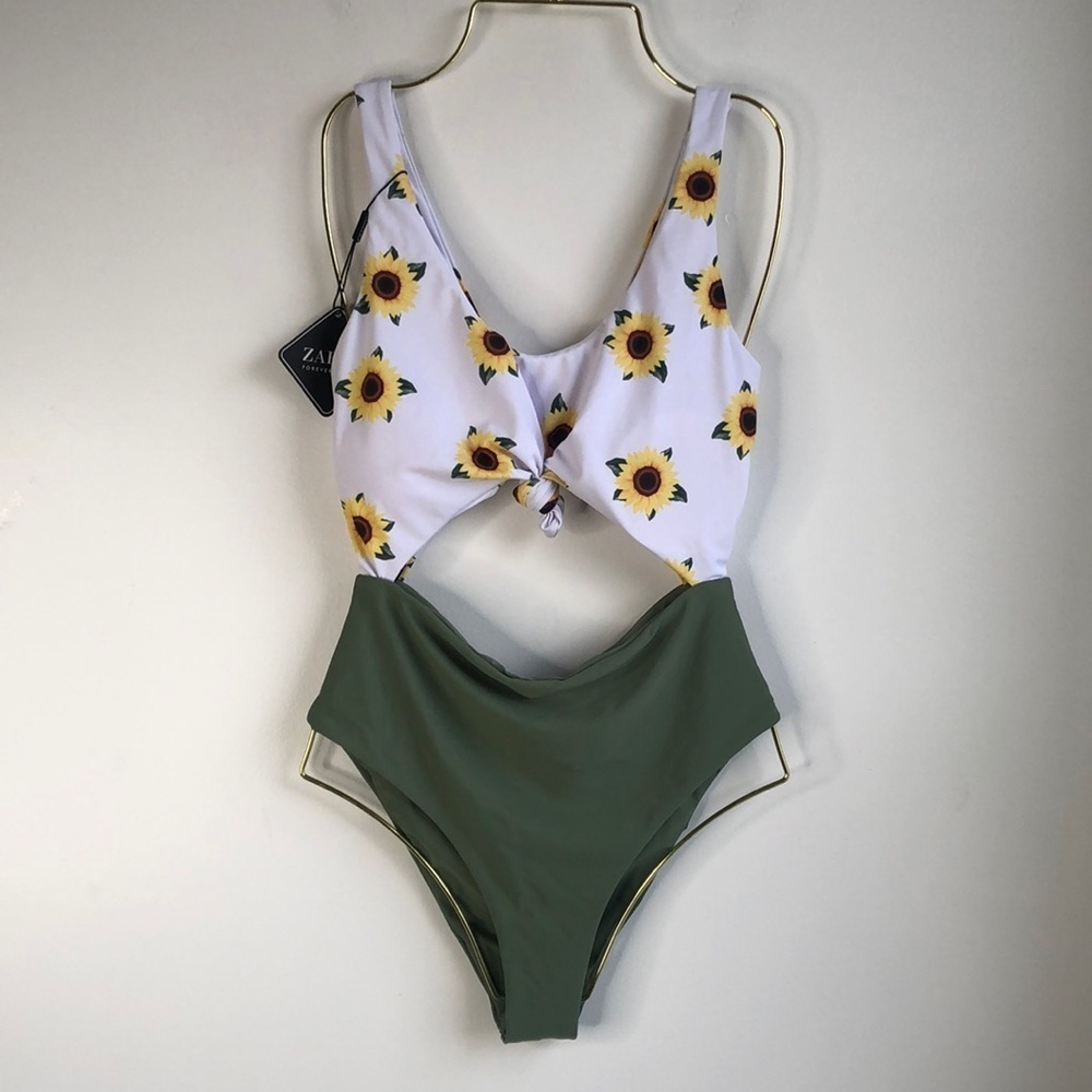 Zaful Forever Young Sunflower Print Cutout Swimsuit